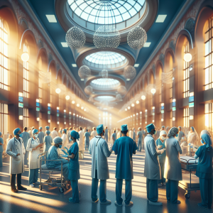 ⇑ HCA Healthcare: A Year of Growth, Achievements, and Future Challenges),Picture_Prompt: Capture a breathtaking moment of a bustling hospital corridor painted in the soft glow of the afternoon sun filtering through the windows. The Sony α7 III camera's 85mm lens allows for the wide angle to include a group of health workers in mid-discussion, their faces highlighted in sharp resolution and bright colors, reflecting their dedication and passion as they navigate the rapidly shifting landscape of healthcare.